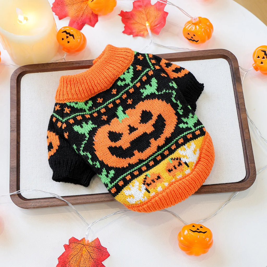 2025 Autumn Winter Pet Coat for Dogs Cats Halloween Pumpkin Costume Sweater Printed Design Bamboo for Christmas Accessories