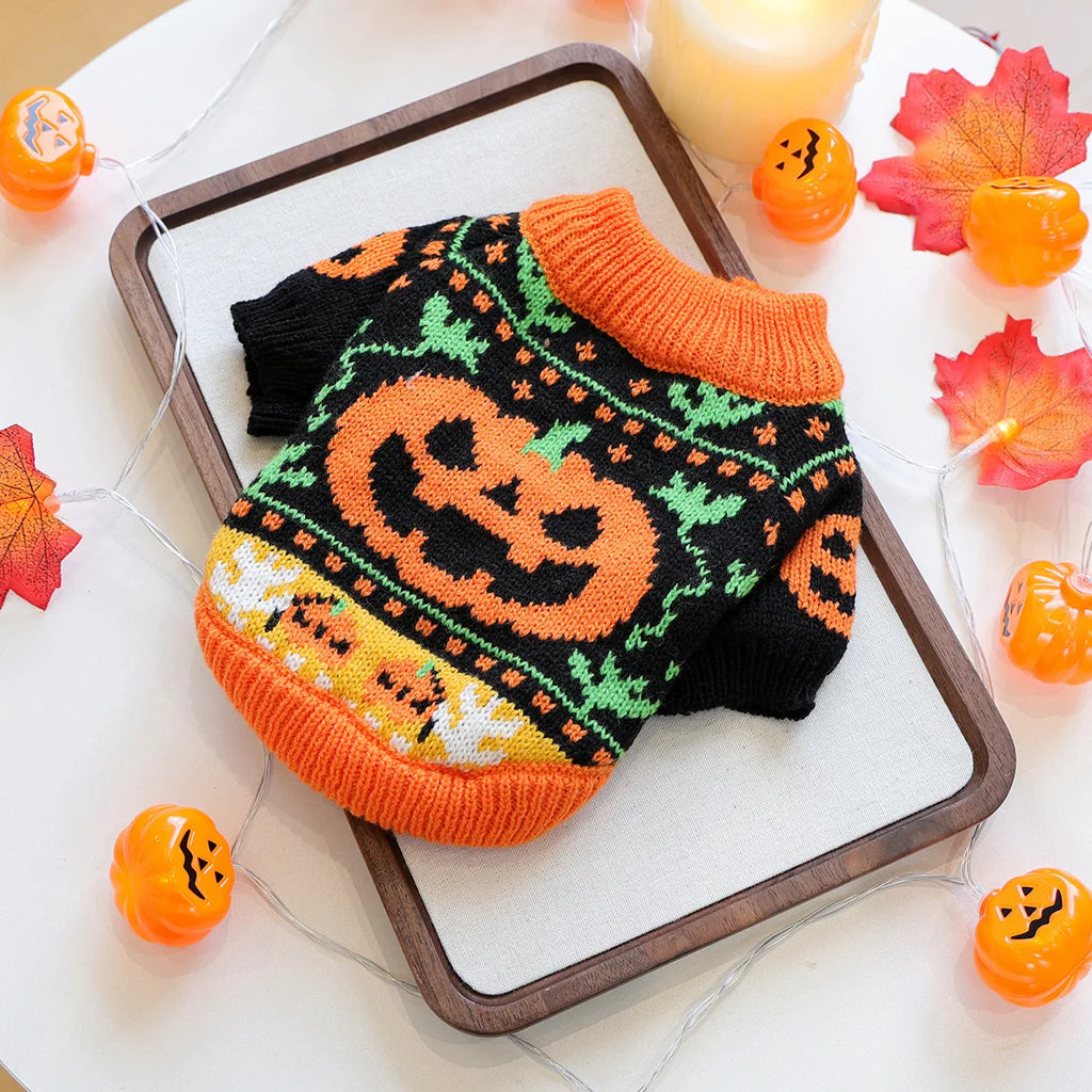 2025 Autumn Winter Pet Coat for Dogs Cats Halloween Pumpkin Costume Sweater Printed Design Bamboo for Christmas Accessories