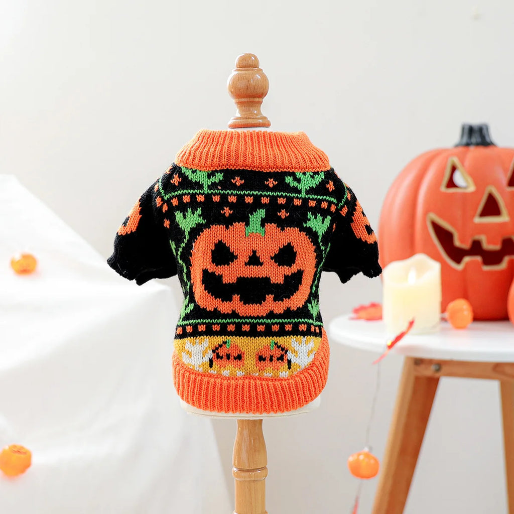 2025 Autumn Winter Pet Coat for Dogs Cats Halloween Pumpkin Costume Sweater Printed Design Bamboo for Christmas Accessories