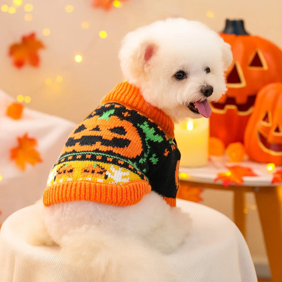 2025 Autumn Winter Pet Coat for Dogs Cats Halloween Pumpkin Costume Sweater Printed Design Bamboo for Christmas Accessories